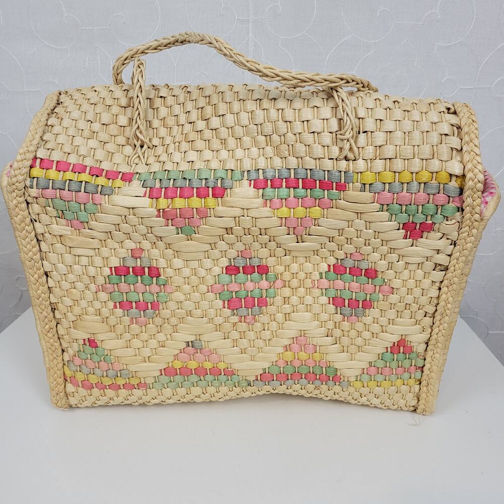 Vintage Woven Straw Seagrass Picnic Basket Bag Cotton Lined Beach Summer Day Out